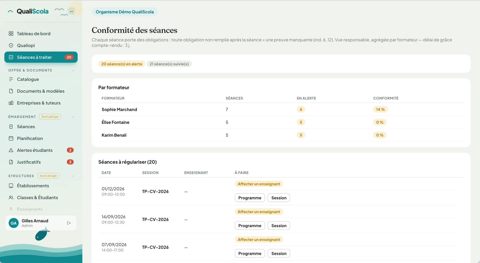 QualiScola — conformité des séances : suivi par formateur (séances, alertes, taux de conformité) et séances à régulariser avec les actions à faire